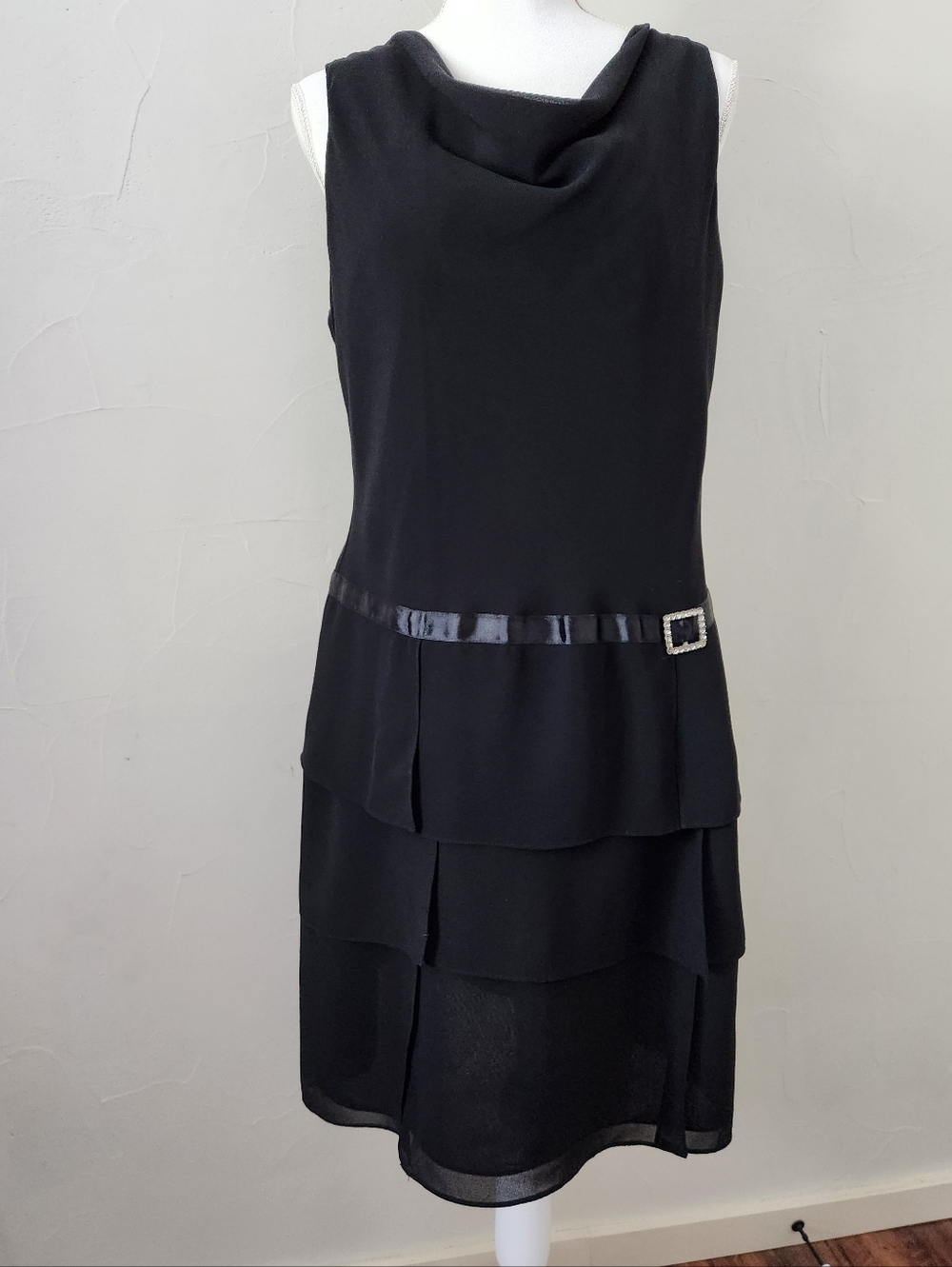 dressbarn Black Sleeveless Cowl Neck Tiered Midi Dress with Satin Belt